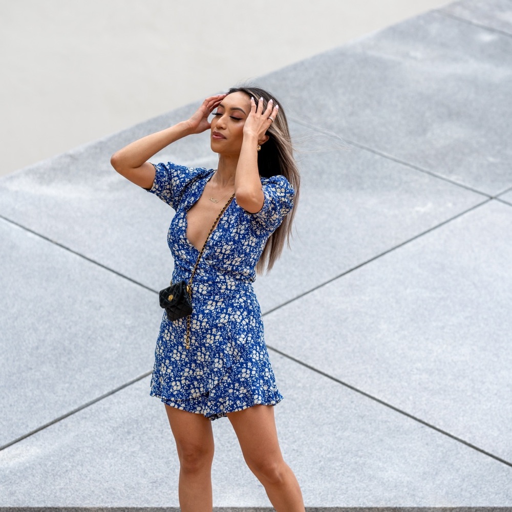 For Love & Lemons Floral Wrap Around Blue Romper